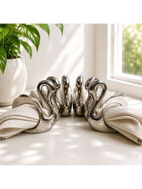 Vintage Set Of 4 Silver-Tone Swan Napkin Rings Elegant Table Decor Sculptural De